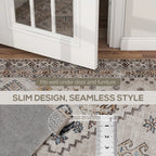 Beige rug edge close-up with slim profile and bordered vintage medallion pattern