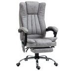 Grey high-back office massage chair with padded armrests and built-in footrest