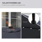 Solar-powered LED umbrella with solar panel base and switch on the center pole