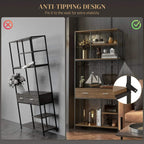 Industrial display shelf with drawers, brown wood and black frame with anti-tipping wall-fix points.