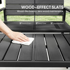 Close-up of black slatted tabletop with quick-drain surface for easy outdoor cleaning.