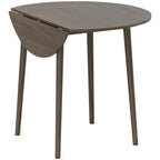 Grey round drop-leaf folding dining table with wood legs, leaf partially folded