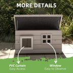 Grey outdoor cat shelter with openable roof and two front window panels