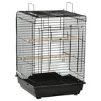 Black birdcage with openable top, front door, stand and feeding bowls