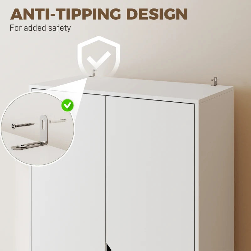 White wardrobe top corner with anti-tipping bracket and metal door hinge.