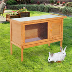 Fir-wood guinea pig hutch with wire mesh front panel and side access door; rabbit nearby.