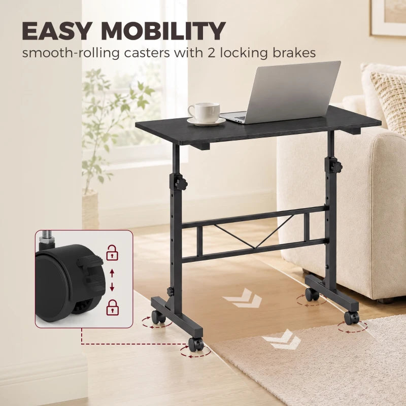 Black overbed table with smooth-rolling casters and two locking brakes