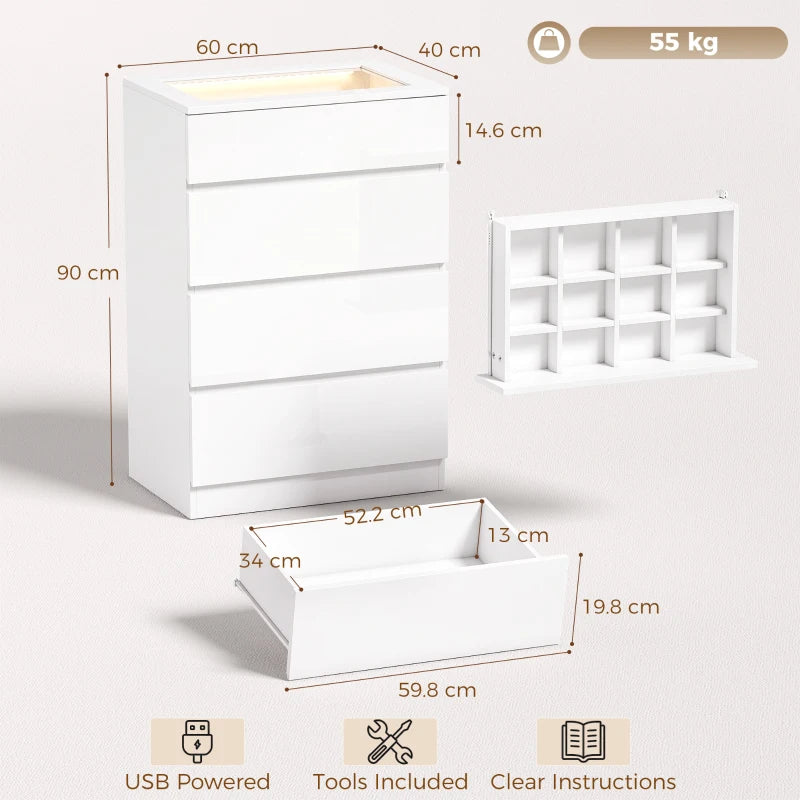 White 4-drawer dresser chest with open side compartments and top glass display tray