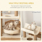 Cat tree tower showing multiple resting areas: bed and U-shaped perch