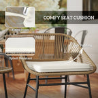 Rattan bistro chair with white seat cushion and armrest, black metal legs