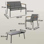 Grey outdoor loveseat and armchair patio set with matching square coffee table