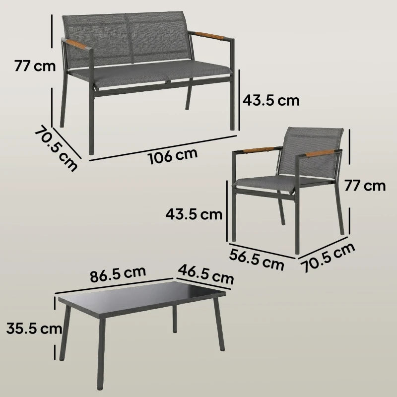 Grey outdoor loveseat and armchair patio set with matching square coffee table