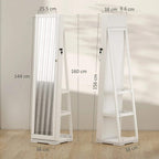 White full-length jewelry cabinet dimensions view with mirror and base stand