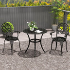 Black round bistro table with two scroll-back chairs, three-piece garden set