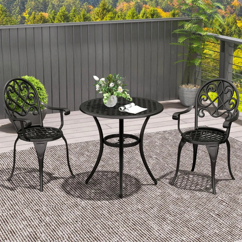 Black round bistro table with two scroll-back chairs, three-piece garden set