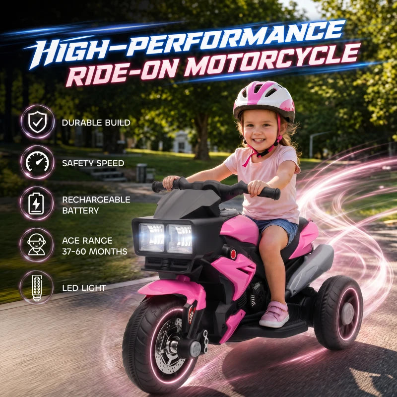Kids electric motorcycle ride-on toy in pink with front LED lights and handlebars.