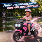 Kids electric motorcycle ride-on toy in pink with front LED lights and handlebars.