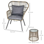 Grey rattan armchair with dark cushion and round glass-top table with size markings