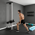 Wall-mounted dual pulley cable machine with rope and bar handles, standing workout setup