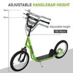 Green kids kick scooter with adjustable-height handlebar and black hand grips