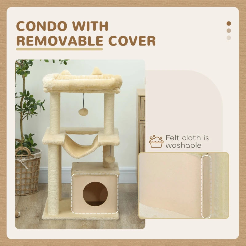 Beige cat condo on a cat tree with removable washable cover