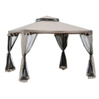 Taupe outdoor gazebo with dark support frame and netted side curtains