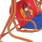 Close-up of red cowboy-themed seat panel on an orange children’s swing frame