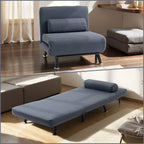 Dark grey convertible sleeper chair set up with lowered backrest and padded seat