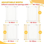 White adjustable dog safety gate width diagram with different opening sizes