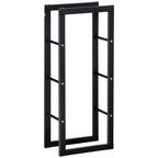 Black tall metal firewood rack with ladder-style side supports