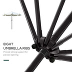 Black umbrella ribs meeting at hub, supporting a small white patio canopy