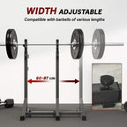 Width-adjustable squat rack with adjustable uprights and barbell plate storage pegs