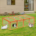 Outdoor wooden guinea pig hutch with mesh wire sides and rabbits inside