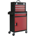 Two-part tool storage chest on wheels with red drawers and lockable red cabinet door