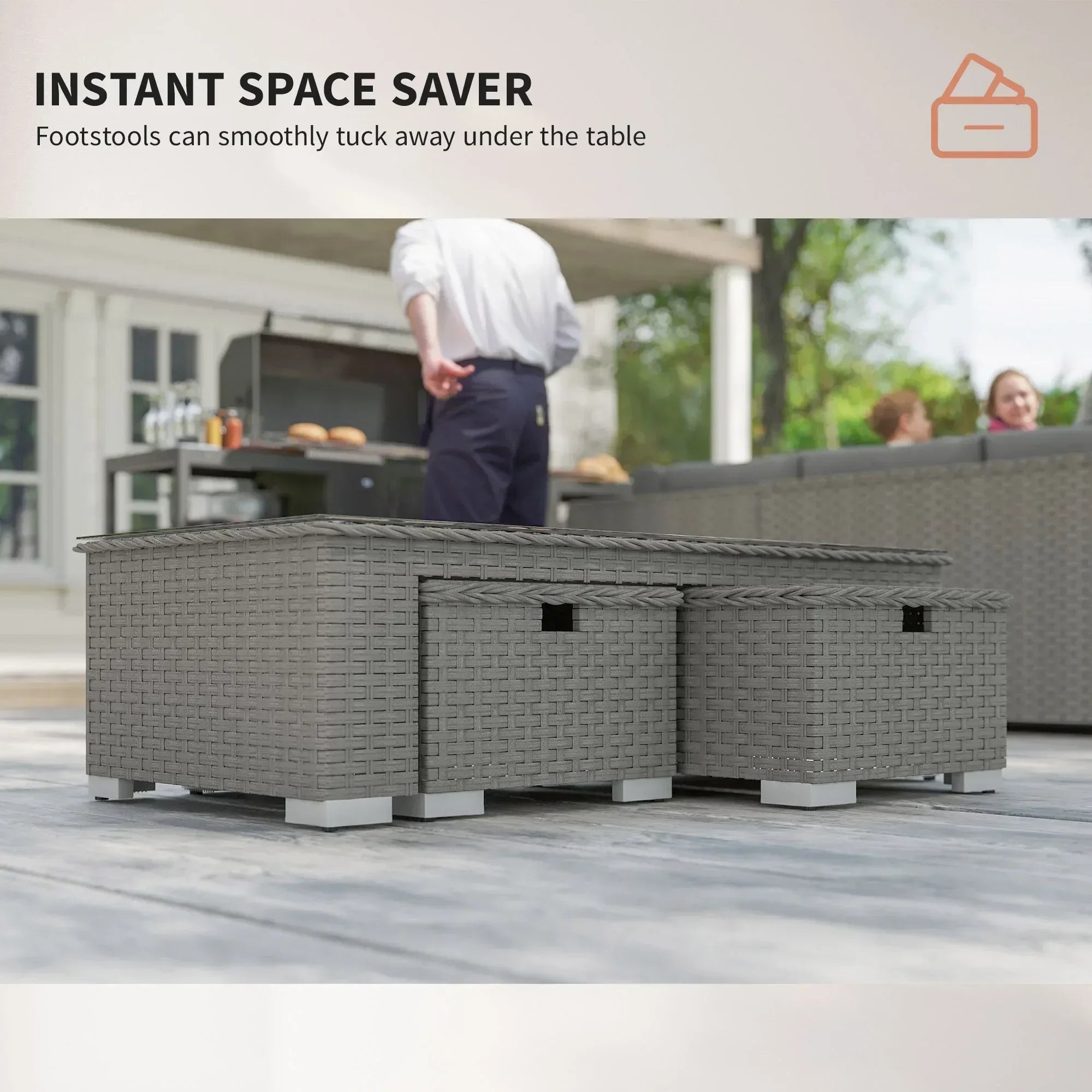 6 Pieces Outdoor PE Rattan Wicker Corner Sofa Set with 10cm Thick Padded Cushions, Aluminium Conservatory Furniture with Glass Top Coffee Table, Footstools, Grey - Bobobiy