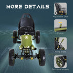 Green pedal go-kart featuring adjustable seat and hand brake