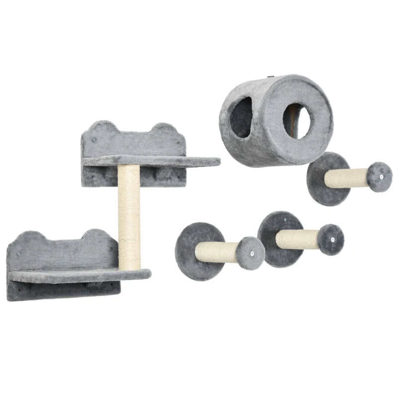 Grey wall-mounted cat tree set with platforms, perches, and rope scratching posts