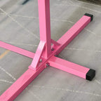 Pink horizontal bar base with black rubber feet and metal support frame