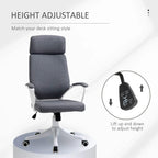 Grey office chair with headrest and lumbar support; height adjustment knob shown