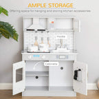 Kids wooden toy kitchen playset with open cabinets and storage shelves beneath
