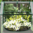 Grey planter bed greenhouse cover with leafy plants and dark base slats