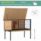 Elevated wooden pet hutch with hinged roof panel, wire mesh front, and raised legs