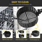 Perforated black air fryer basket with handle, shown on a dishwasher rack