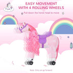 Plush ride-on horse with four rolling wheels and wooden pull-down horse head