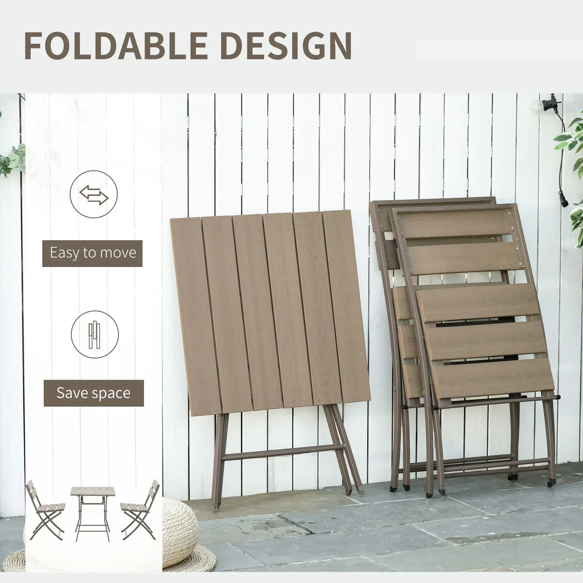 3 Piece Foldable Garden Bistro Set Patio Furniture Set with Table and 2 Chairs for Conservatory Balcony Terrace, Grey - Bobobiy