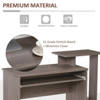 Grey computer desk showing sliding keyboard tray rail and melamine-covered tabletop