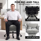 Grey office chair with plush arms, wide seat, and five-star caster base