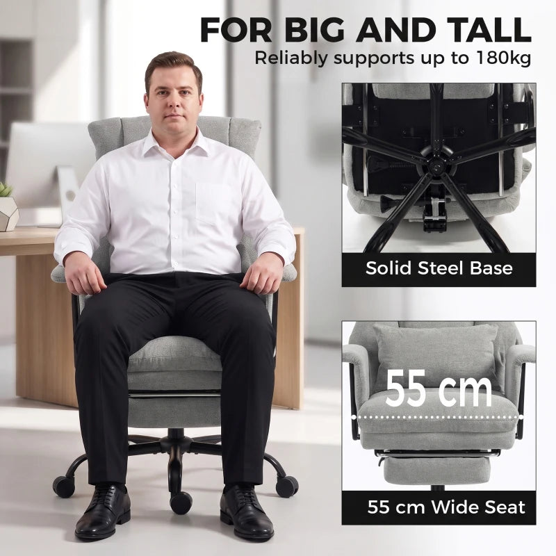 Grey office chair with plush arms, wide seat, and five-star caster base