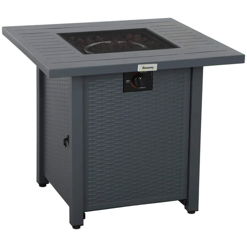 Grey rattan-style propane fire pit table with square top, spark guard and control knob
