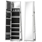 White lockable jewelry cabinet with full-length mirror and open storage compartments